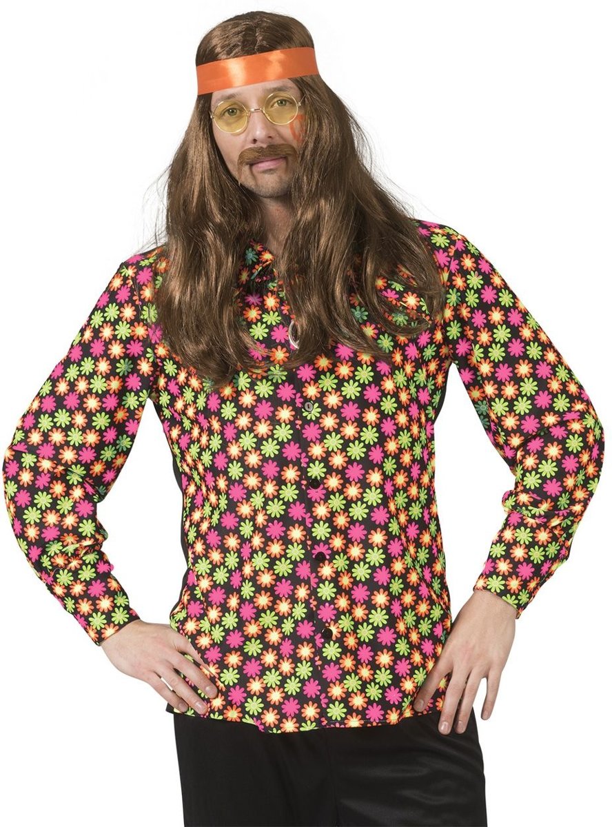 Hippie Kostuum | Fluor Flower Power Goes Disco Shirt Man | Maat 48-50 | Carnaval kostuum | Verkleedkleding